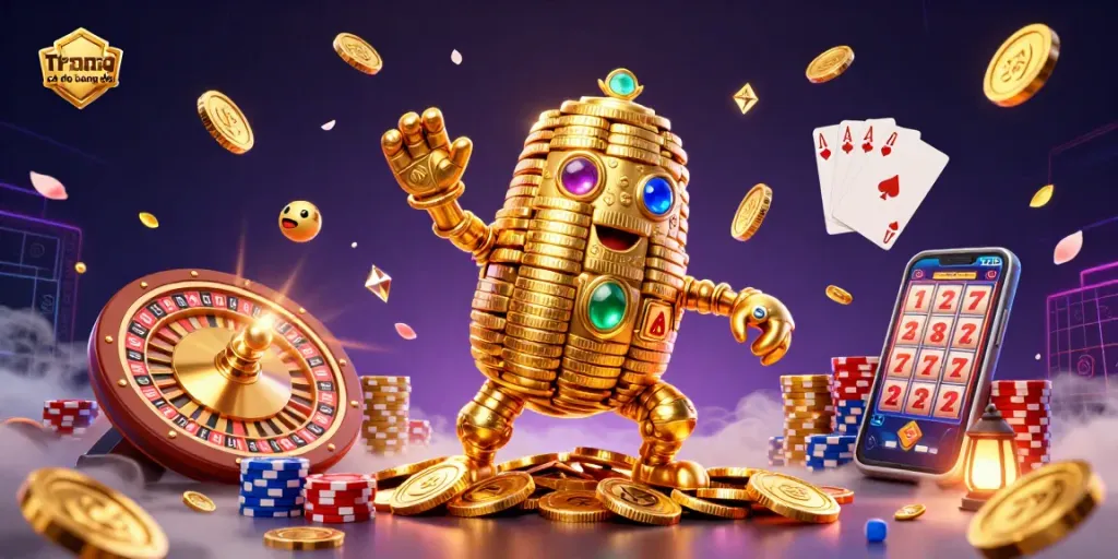 Engage in strategic betting with Trang cá độ bóng đá's immersive gambling scene featuring a golden golem and casino elements.