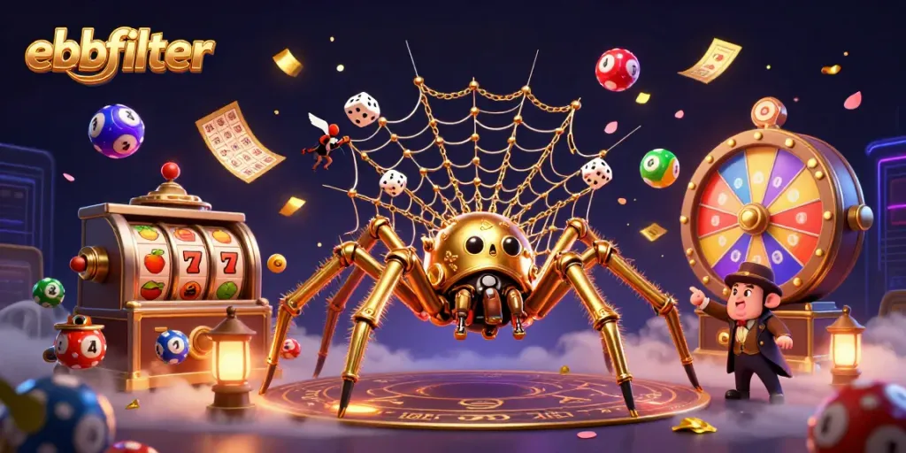 Engage with ebbfilter's dynamic gambling scene featuring colorful lottery elements and a whimsical spider.