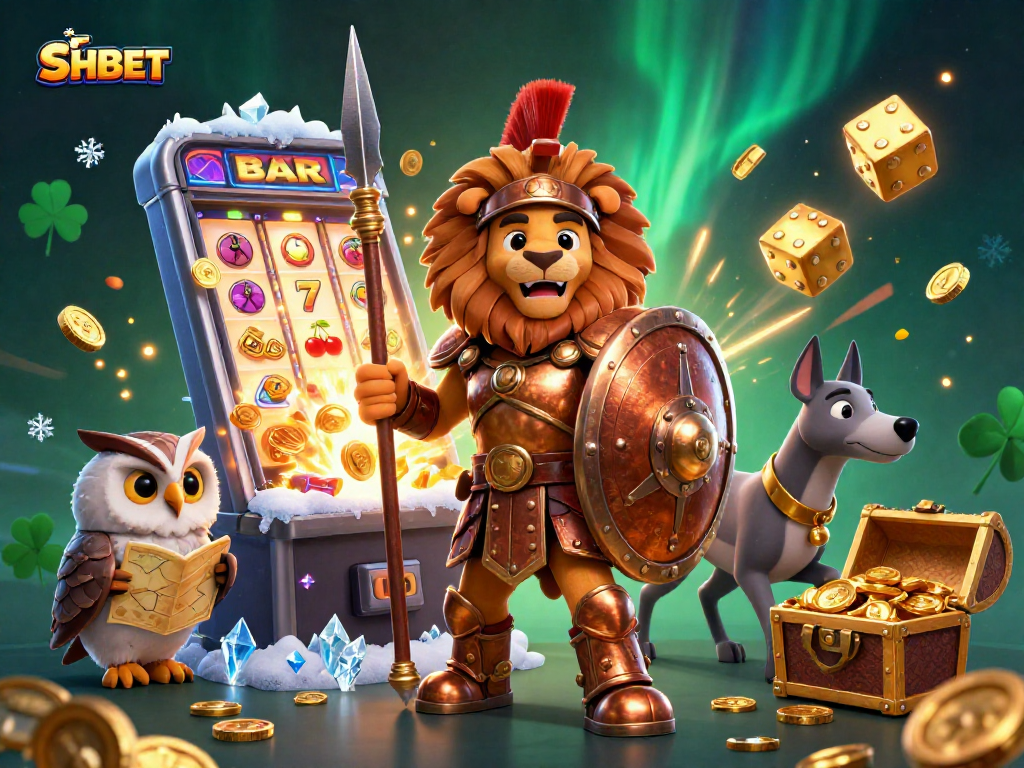 Engage with SHBET's vibrant casino experience featuring a 3D Spartan lion, lucky symbols, and dynamic gaming elements.