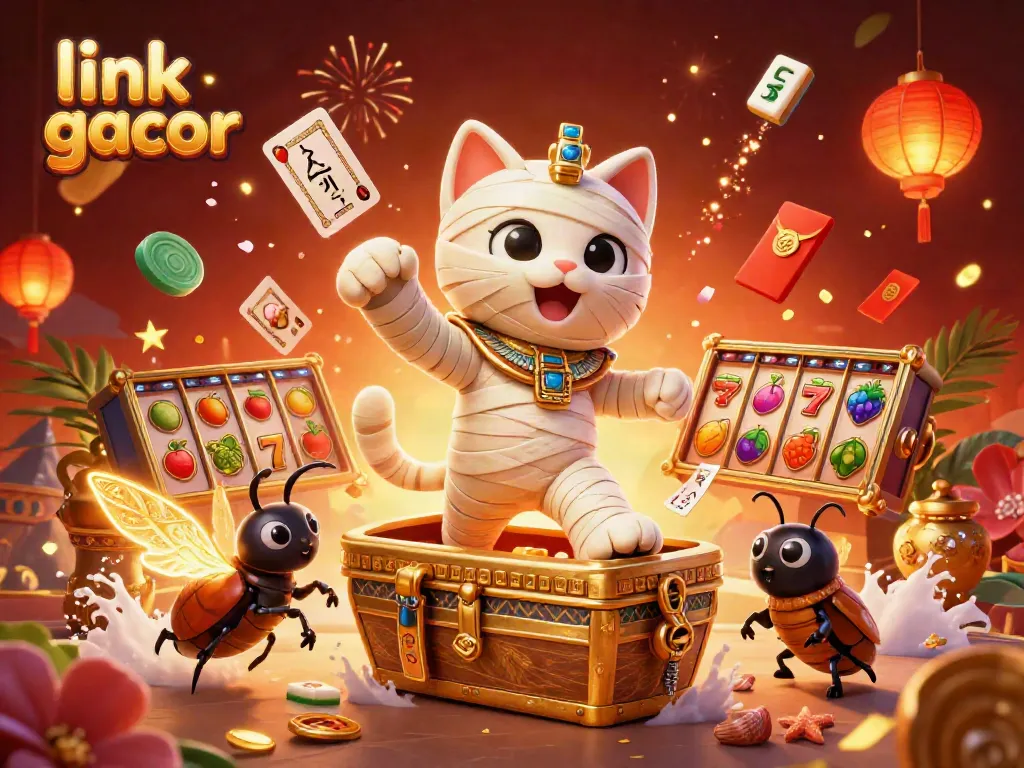 Engage with the thrilling link gacor experience in this lively casino scene featuring a mummy cat and scarab beetle.