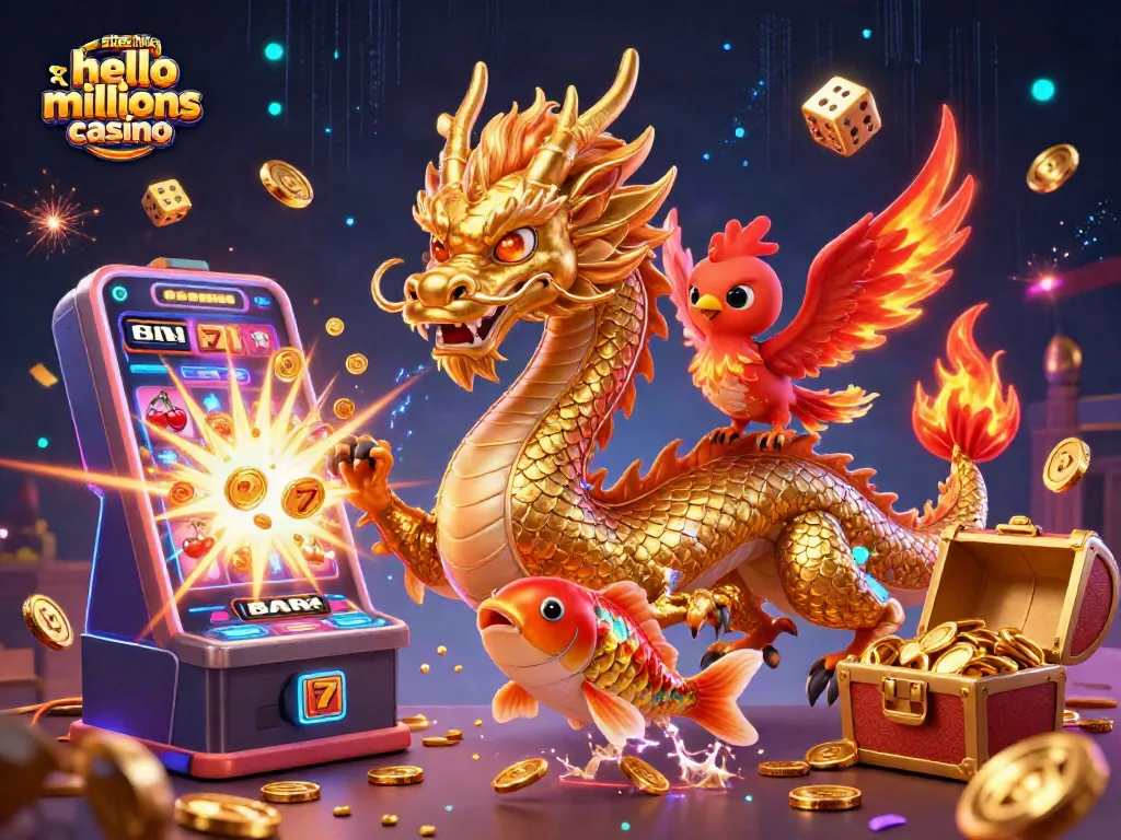 Experience excitement at sites like hello millions casino with vibrant characters, slot games, and casino elements.