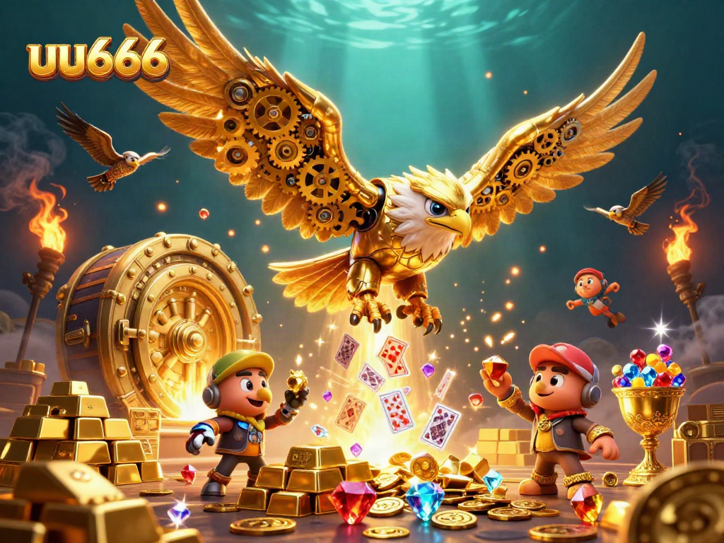 Experience the thrill at uu666 with a vibrant interplay of animated characters and dazzling treasure in a casino scene.