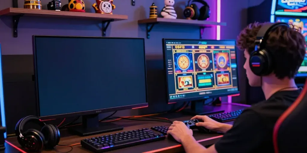 Person engaging in online gaming on akunjp slot machines with vibrant displays.