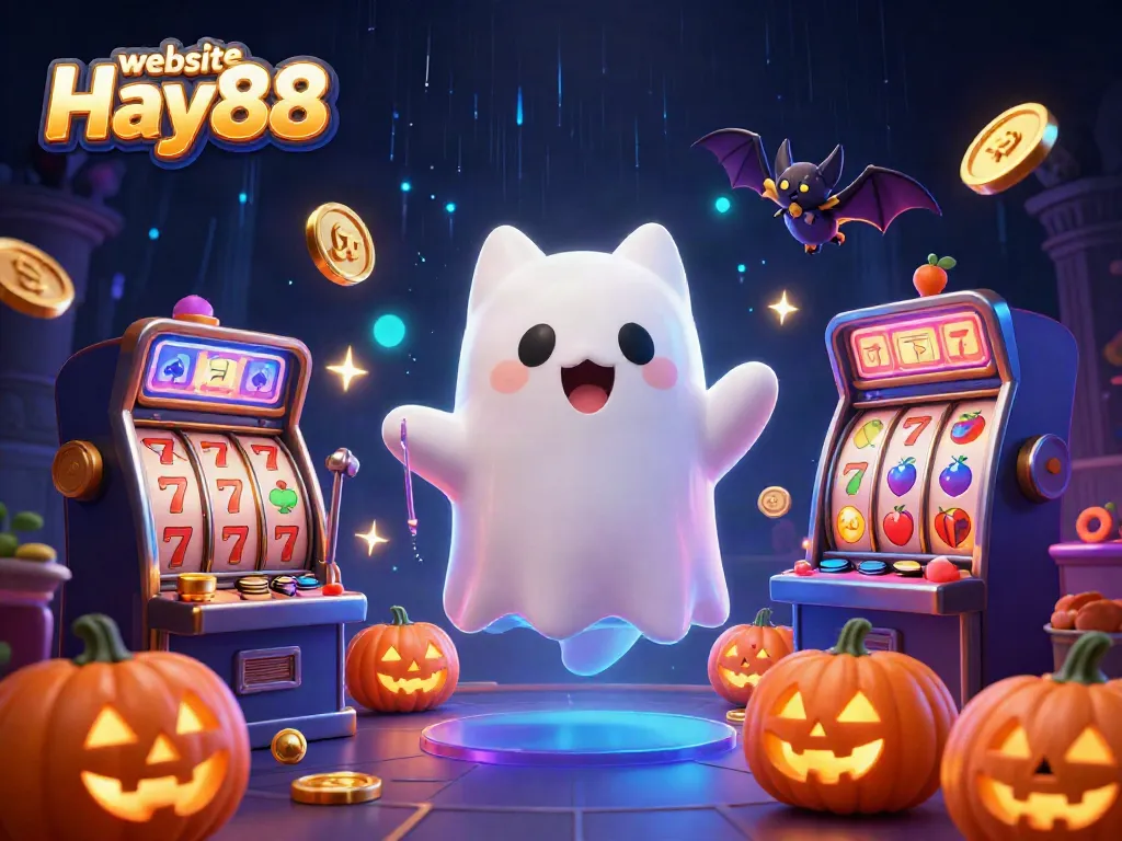 Experience the thrill of gaming with website Hay88 featuring a ghost cat, bat, and glowing pumpkins in a vibrant casino.