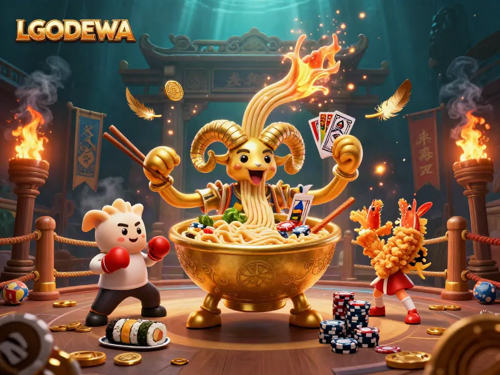 Win big with LGODEWA in this vibrant casino-themed scene featuring unique 3D characters and lively elements.