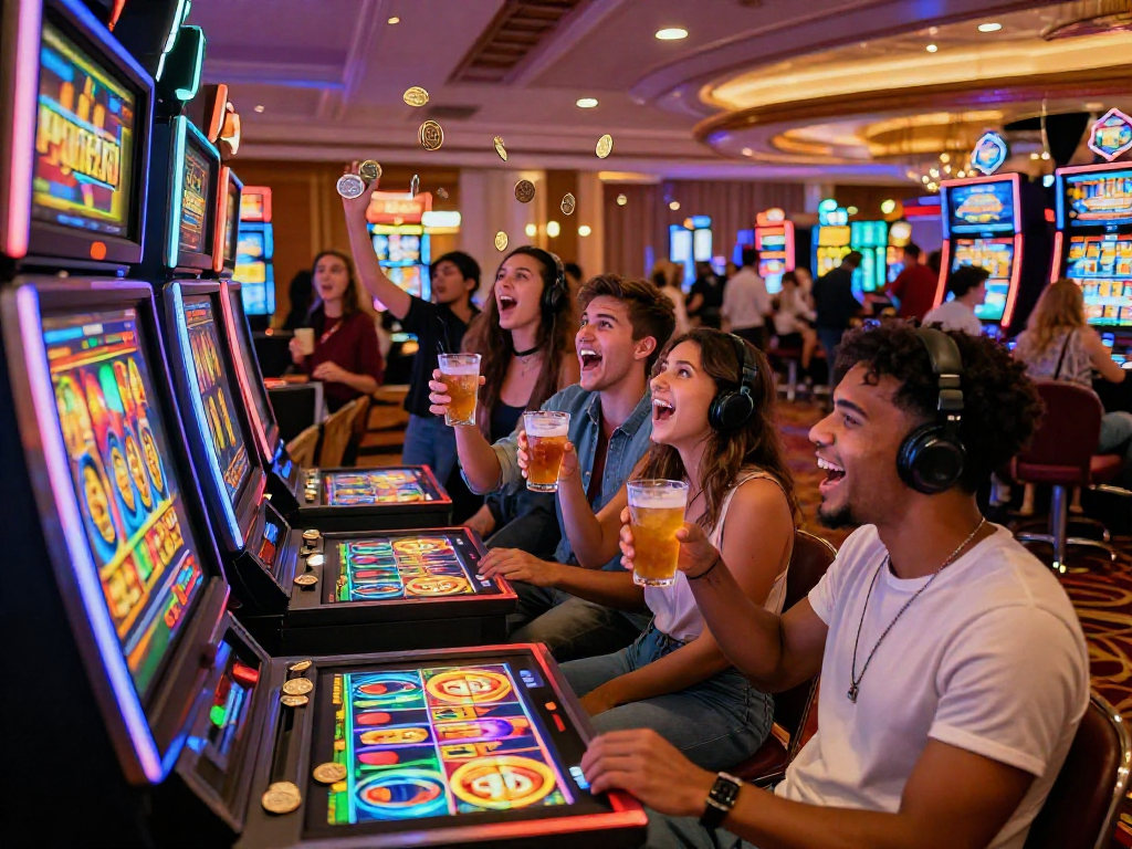 Exciting slot gacor gaming scene with friends celebrating at a vibrant casino.