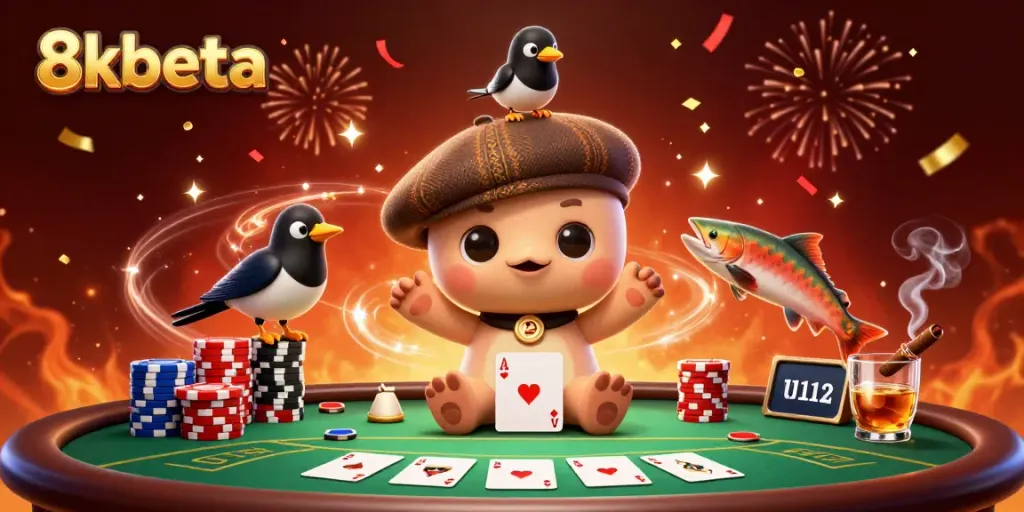 Experience the charm of 8xbeta with playful characters celebrating at a lively casino scene.