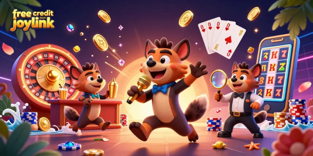 Claim free credit no deposit joylink offers with a vibrant casino scene featuring hyenas.