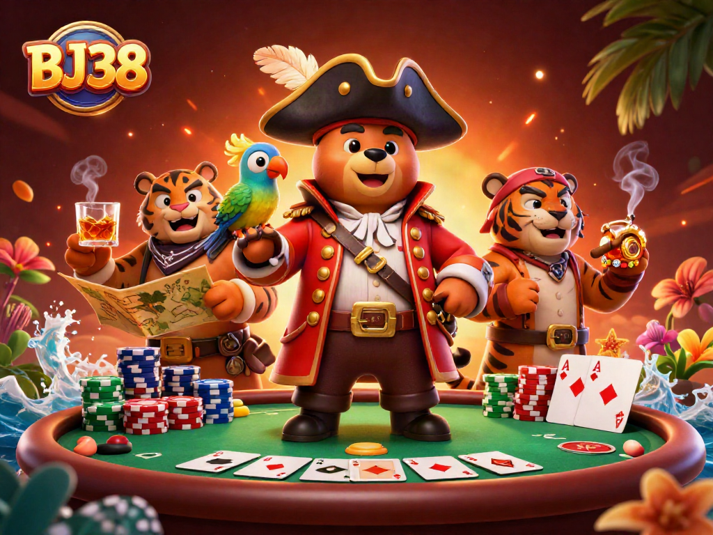 Engage in thrilling poker action with BJ38 in a dynamic scene featuring vibrant casino elements.