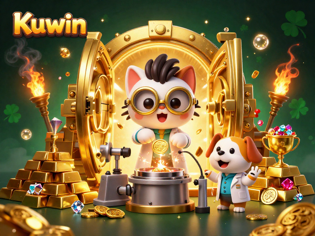 Experience the excitement of Kuwin with a vibrant casino lab scene filled with treasures and dynamic characters.