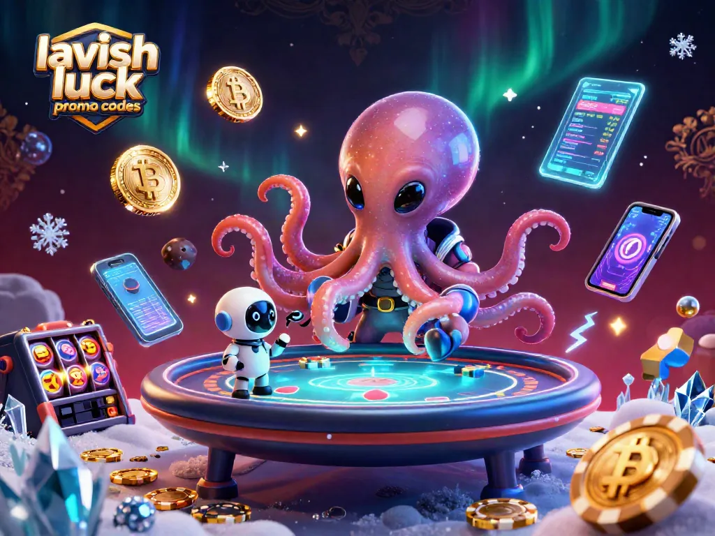 Play with lavish luck promo codes in a vibrant alien casino filled with crypto coins and holographic elements.
