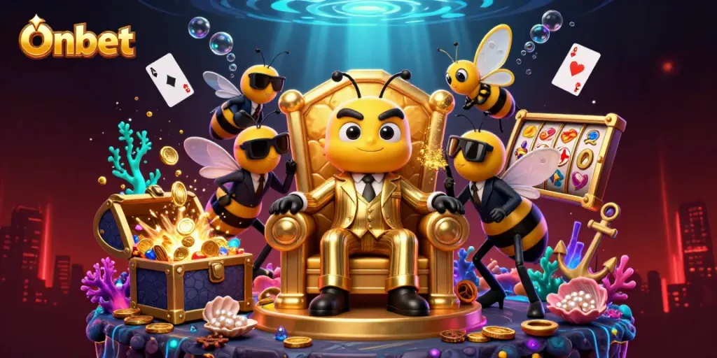 Onbet casino scene featuring a bumblebee mob boss with slot reels, embodying vibrant underwater treasure themes.