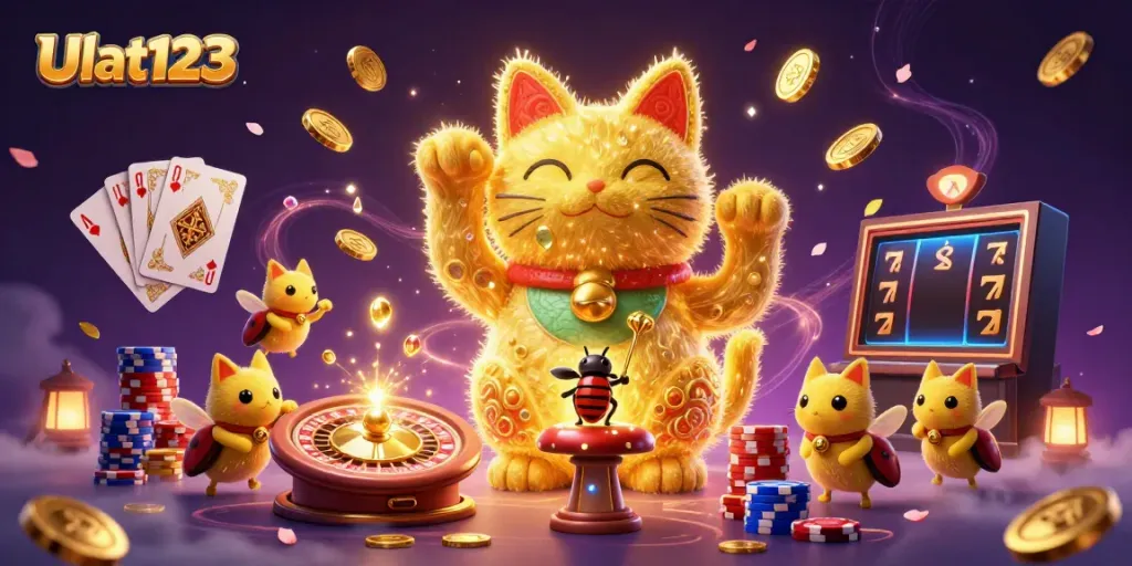 Ulat123 players enjoying a vibrant casino scene with golden fireflies and lucky symbols.