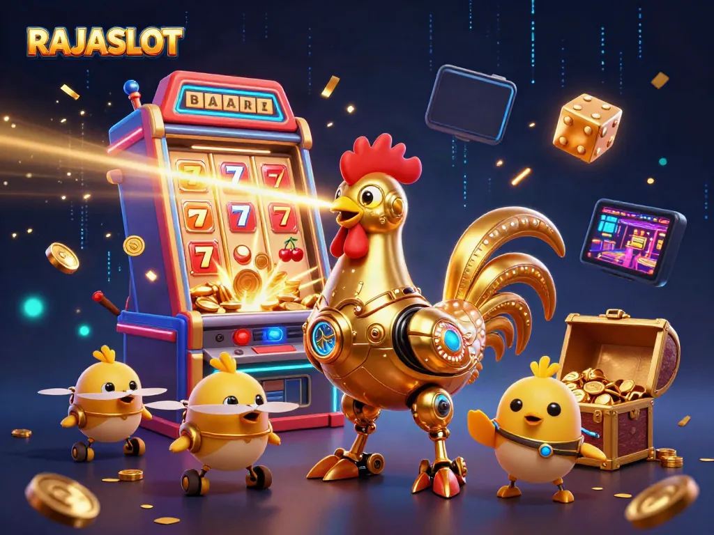 RAJASLOT menghadirkan ilustrasi 3D robot ayam emas futuristik dalam slot mesin jackpot yang meriah