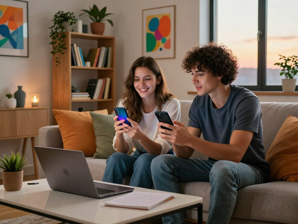 Engaging virtual AI chat porn experience between a couple in a cozy living room setting, capturing modern digital intimacy.