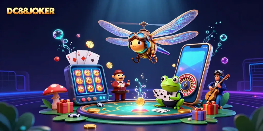 Experience thrilling gameplay at DC88JOKER in this vibrant casino scene featuring a dragonfly pilot.