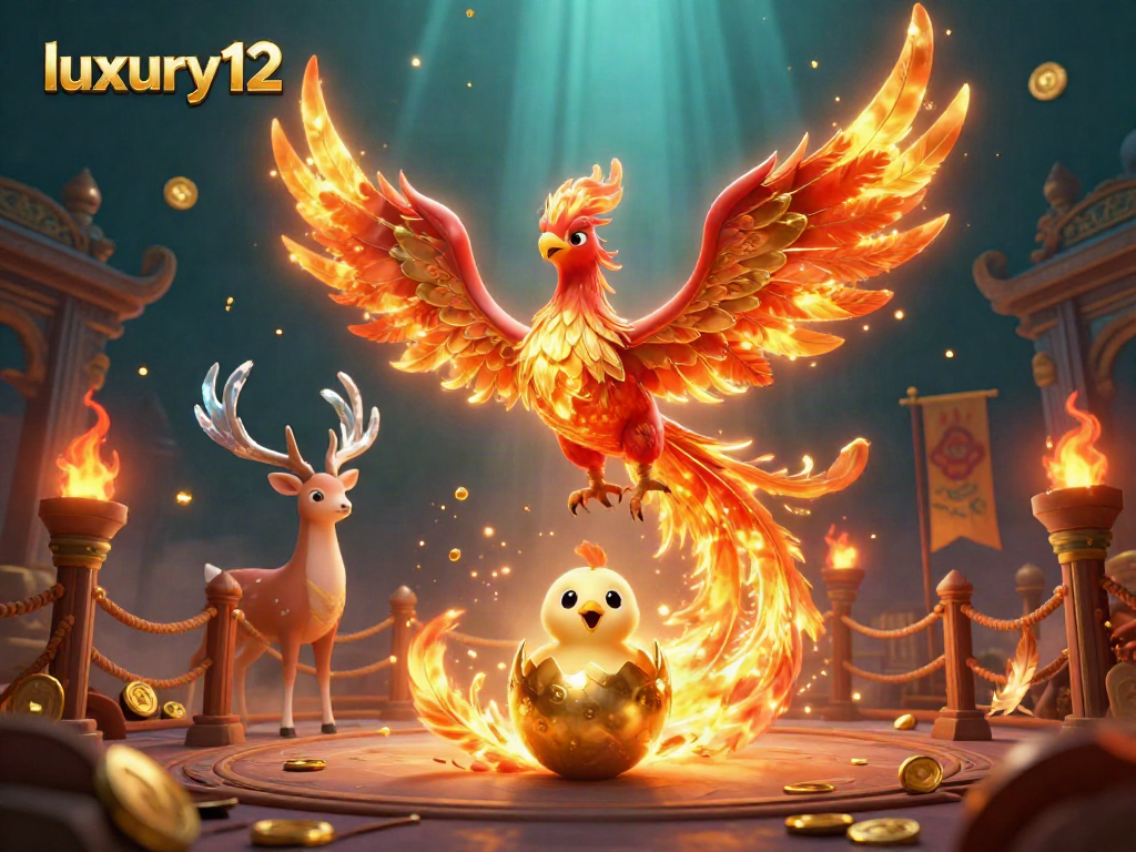 Engage in thrilling gameplay with luxury12 amidst fiery phoenixes and golden coins, capturing casino excitement.