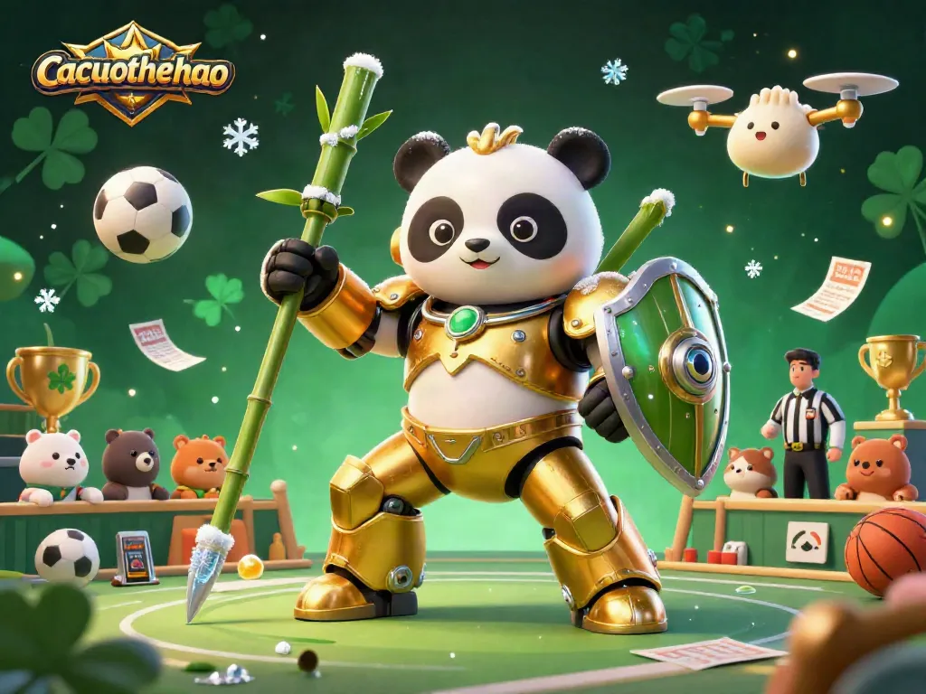 Cacuocthethao showcases a vibrant sports betting scene with a mech-suit panda and dynamic game elements.
