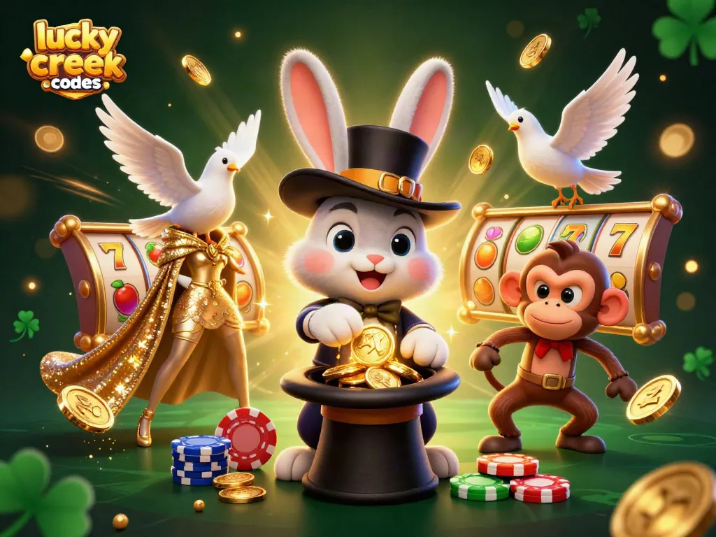 Explore lucky creek bonus codes with vibrant casino-themed characters and rich visual elements.