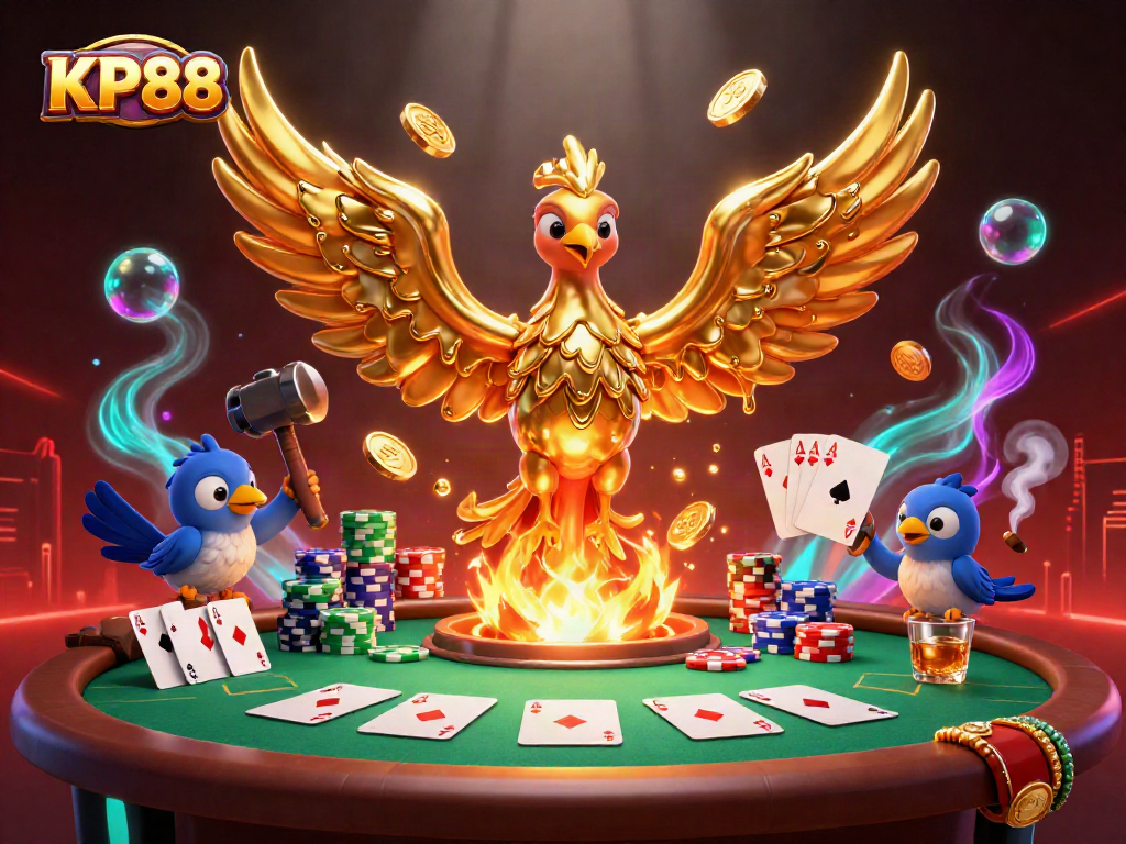 Experience the excitement of KP88 with dynamic casino elements and a golden phoenix illustration.