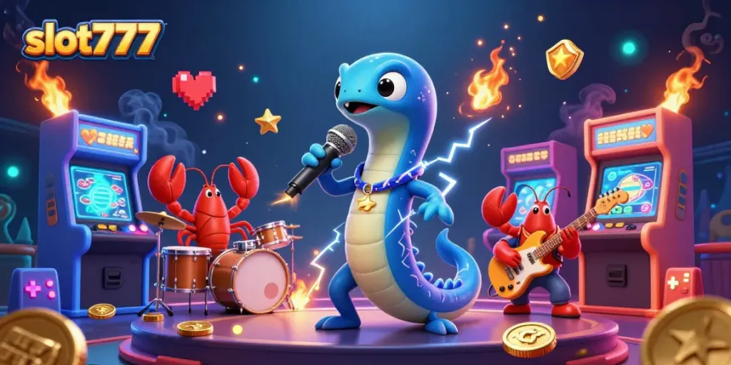 Experience excitement with slot777's electric eel DJ performing in a vibrant underwater casino scene.
