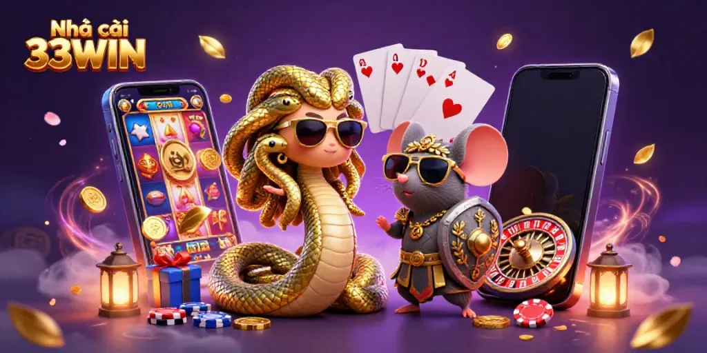 Engage with Nhà cái 33WIN's vibrant casino experience through this colorful 3D illustration showcasing gaming excitement.
