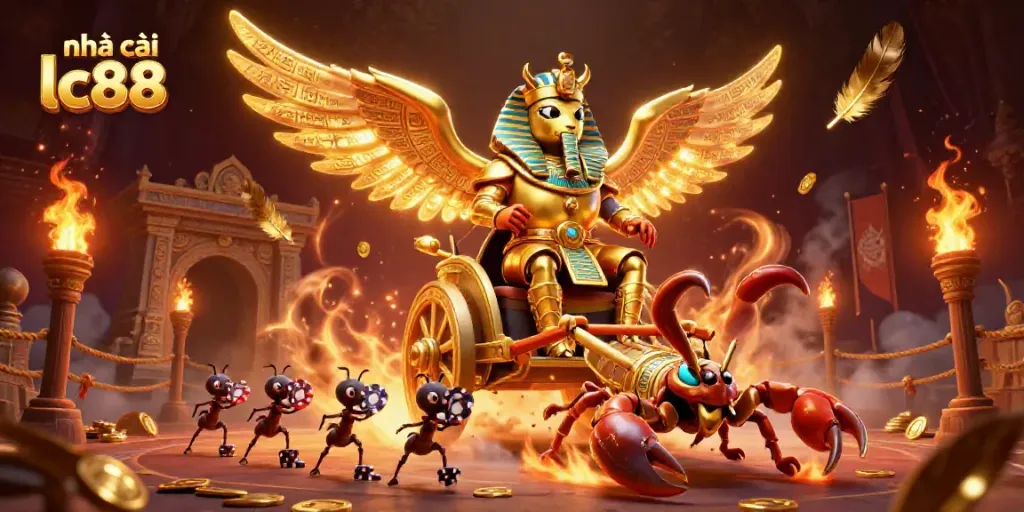 The 3D cartoon golden scarab beetle represents nhà cái lc88 in an elaborate casino-themed scene.