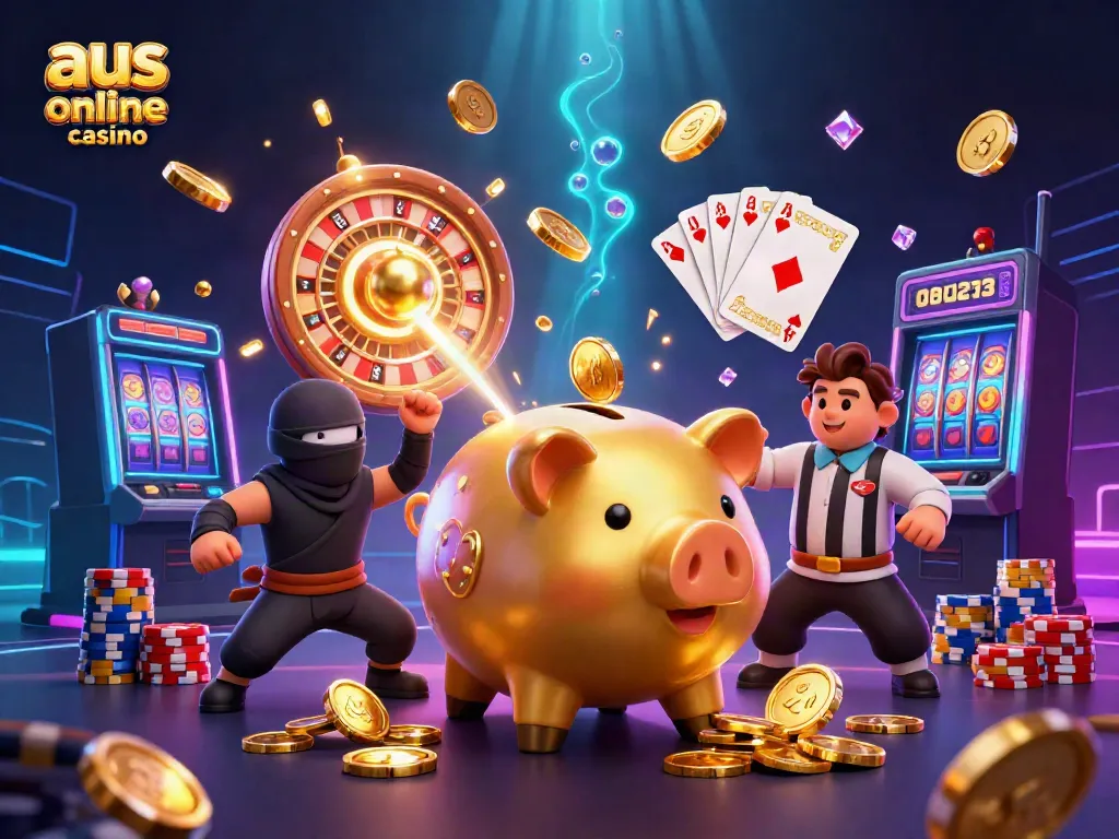 Join the fun at aus online casino with a vibrant scene showcasing a piggy bank sumo wrestler and stunning gold coins.