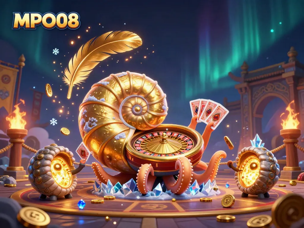 MPO08 showcases a vibrant casino scene with a giant nautilus, cards, and golden glow elements, representing exciting gameplay.