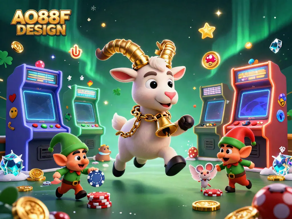 Experience the excitement of AO88F DESIGN in this dynamic casino scene featuring a festive Krampus running games and chaos.
