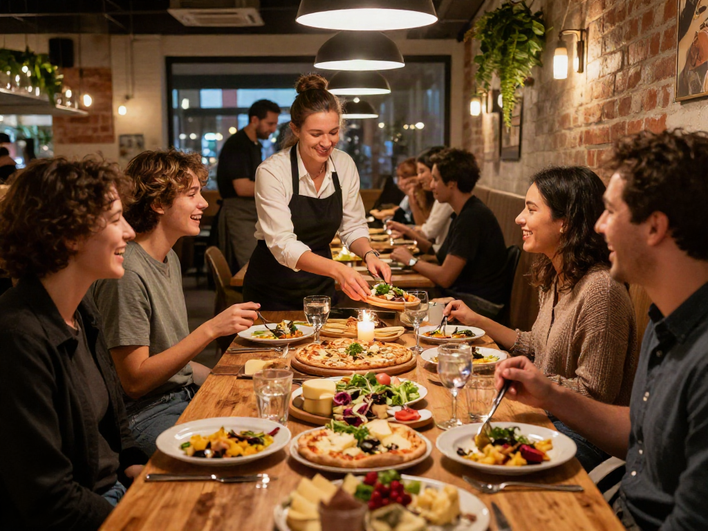 Diverse friends enjoying a sociable dinner at a restaurant, showcasing gourmet dishes and a warm atmosphere, encapsulating the experience of situs toto dining culture.