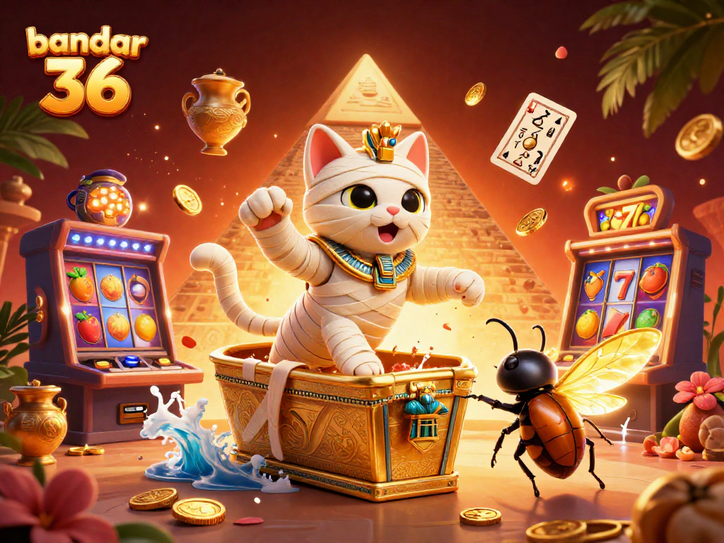 Raih kemenangan di bandar 36 dengan ilustrasi kasino yang menampilkan kucing mumi dan elemen slot.