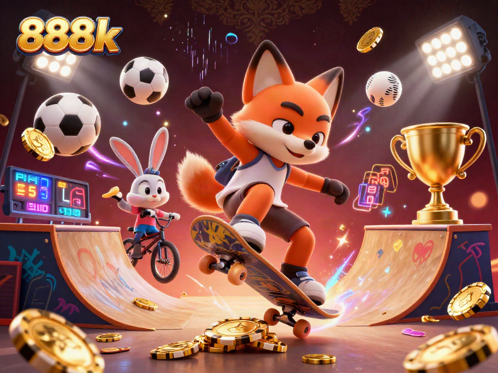 Experience thrilling action with 888k as a skateboarder fox performs tricks over golden poker chips.
