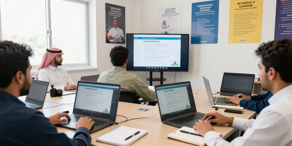 Engaged learners in NVQ Level 6 in Saudi Arabia virtual training session, showcasing commitment to health and safety education.