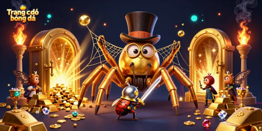 Bet on Trang cá độ bóng đá with a lively scene of a golden tarantula, beetle knight, and treasure.