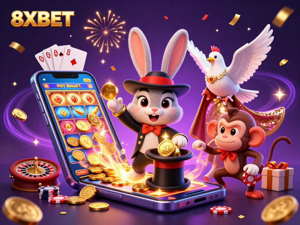 Play exciting games at 8XBET as a magician rabbit pulls coins from his hat.