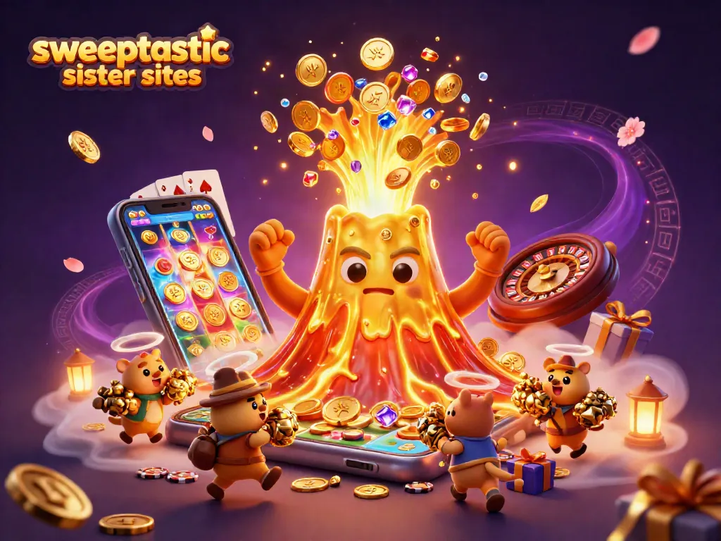 Sweeptastic sister sites show players vibrant casino adventure with golden coins and joyful characters.