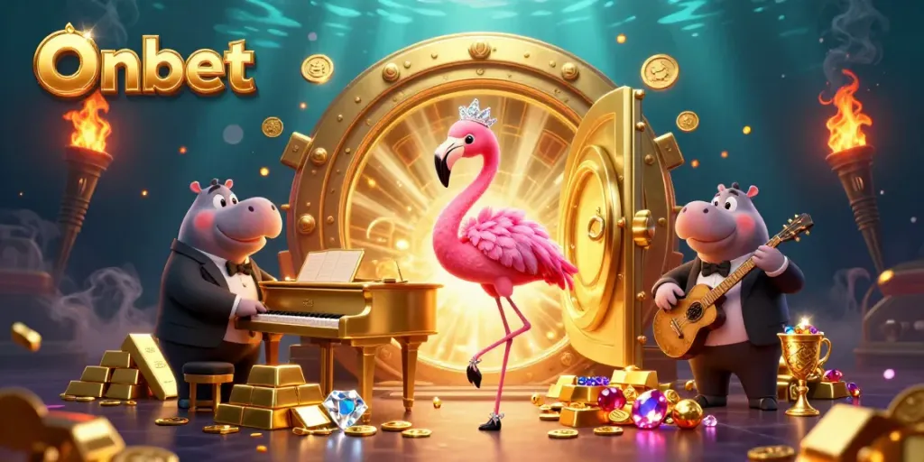 Experience the lavish world of Onbet with a vibrant casino scene rich in treasures and lively characters.