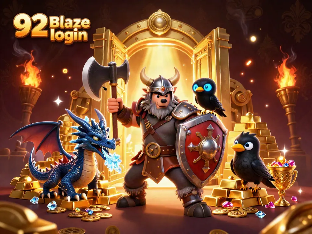 Engage with 92 Blaze login featuring a Viking wolf warrior, fierce dragon, and treasures in a vibrant casino-themed scene.