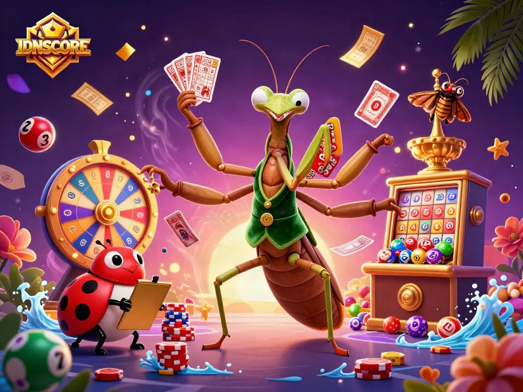 IDNSCORE showcases a vibrant casino scene with a giant mantis dealer, ladybug pit boss, and festive lottery elements.