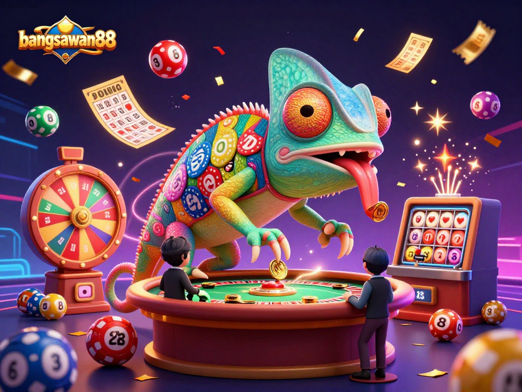 Bid for winnings with bangsawan88's vibrant casino scene featuring a chameleon owner and lively lottery balls.