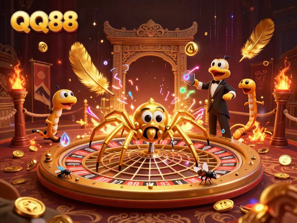 Experience the exciting betting scene at QQ88 featuring a dynamic roulette web by a golden spider and a friendly centipede croupier.