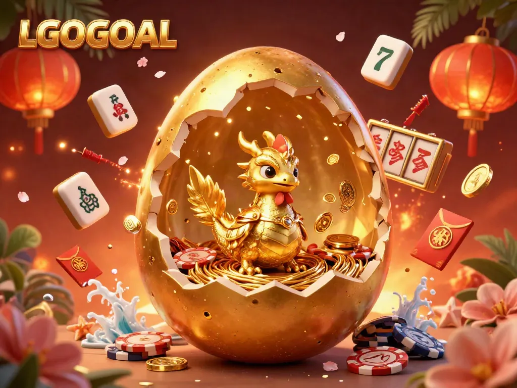Engage in the thrilling world of LGOGOAL with a dynamic festive scene featuring a golden baby dragon and exciting casino elements.