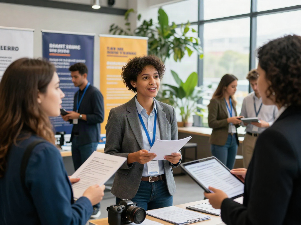 Job seekers engaging at a career fair while หางาน opportunities are showcased.