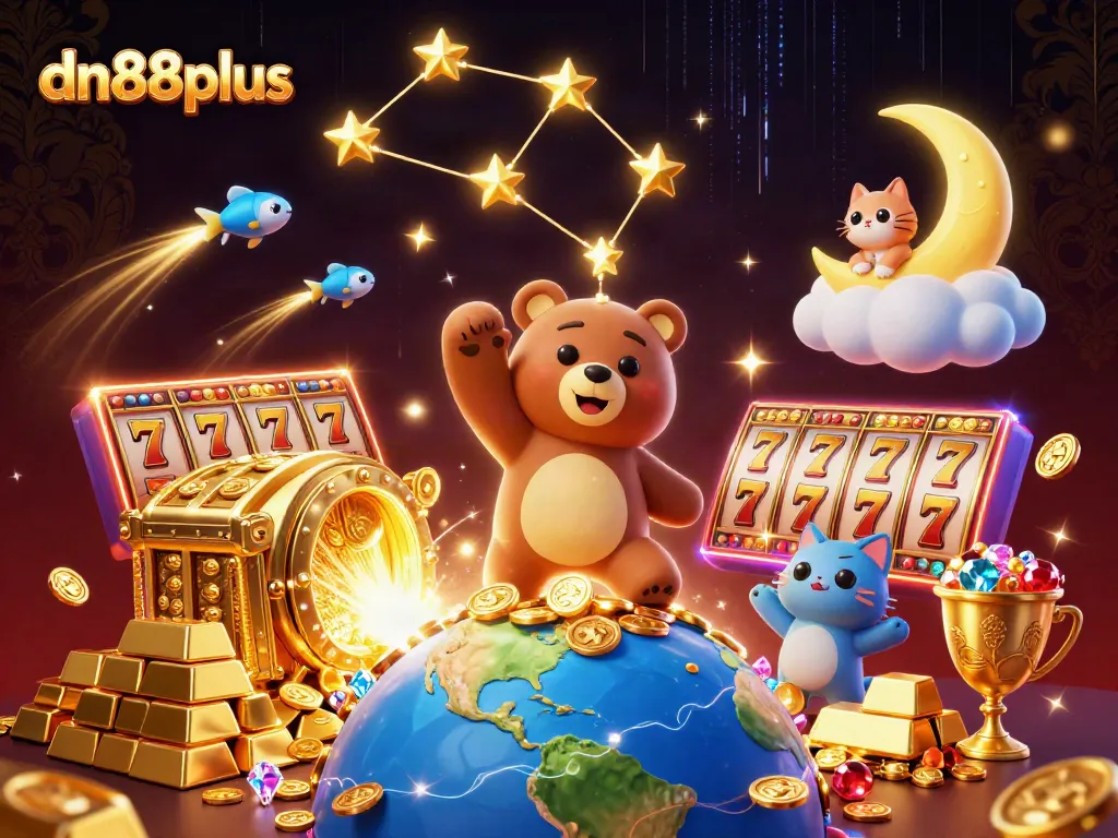 Experience the excitement of dn88plus as the constellation bear gathers coins from Earth, surrounded by vibrant casino elements.