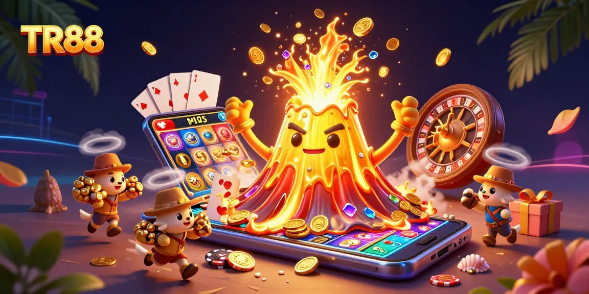 Experience winning at TR88 with a triumphant volcano surrounded by casino treasures and vibrant games.