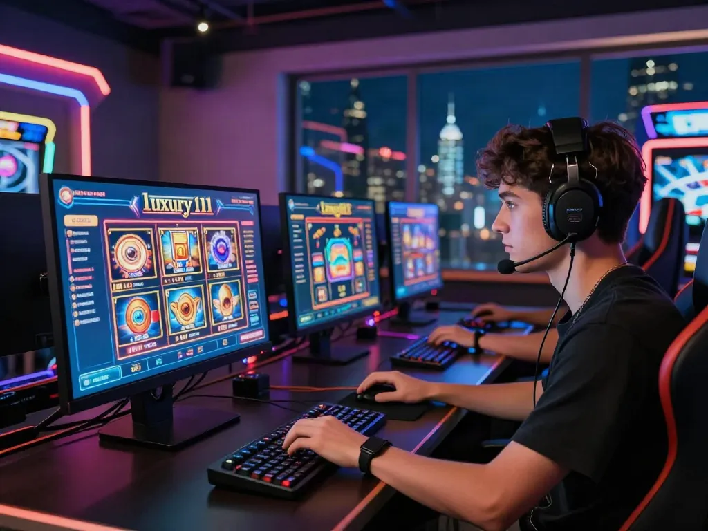 Exciting scene of a gamer engaging with luxury111's online casino interface amidst a futuristic setting.
