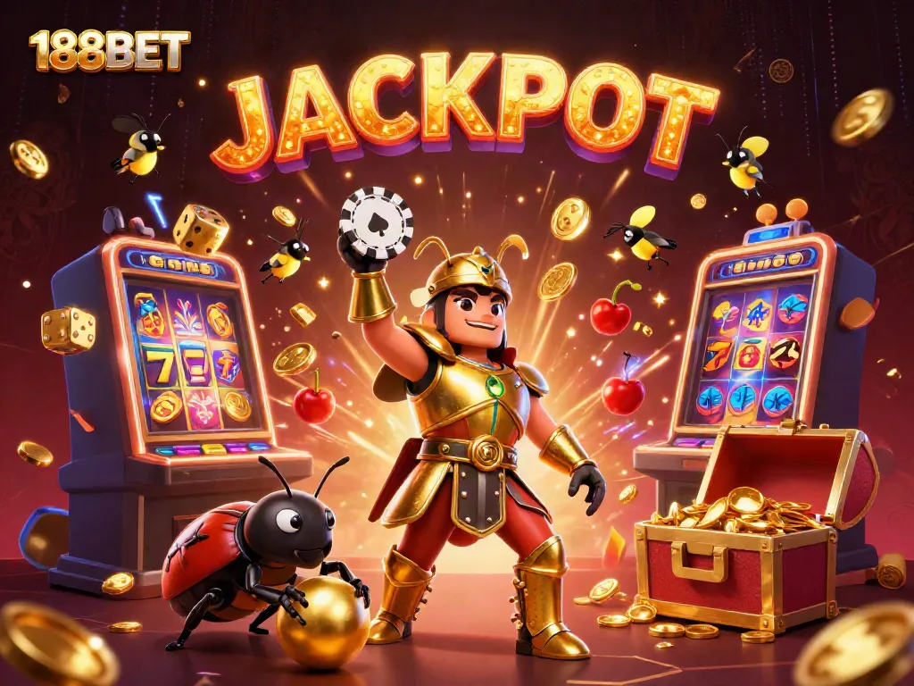 Experience the excitement of 188BET with a 3D animation of beetles celebrating a jackpot win in a casino.
