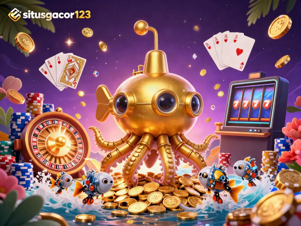 Experience winning thrills with situsgacor123's 3D kraken submarine amid gold coins and casino elements.