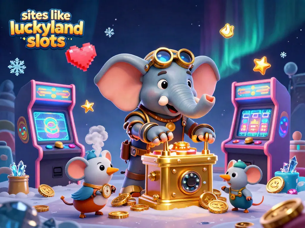 Play slots like LuckyLand Slots with a steampunk elephant operating a slot machine in a colorful arcade.